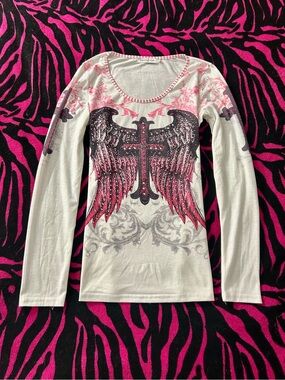 Y2K vintage emo grunge misslook rhinestone Angel Wings Cross long sleeve top